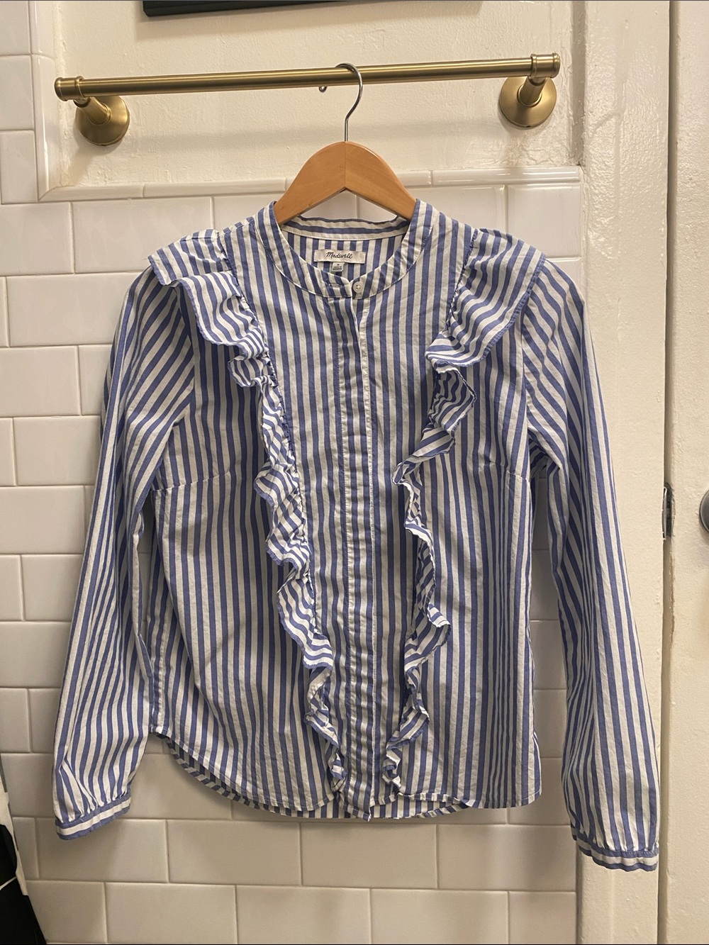 Madewell Blue & White Striped Ruffle Button-Up Top